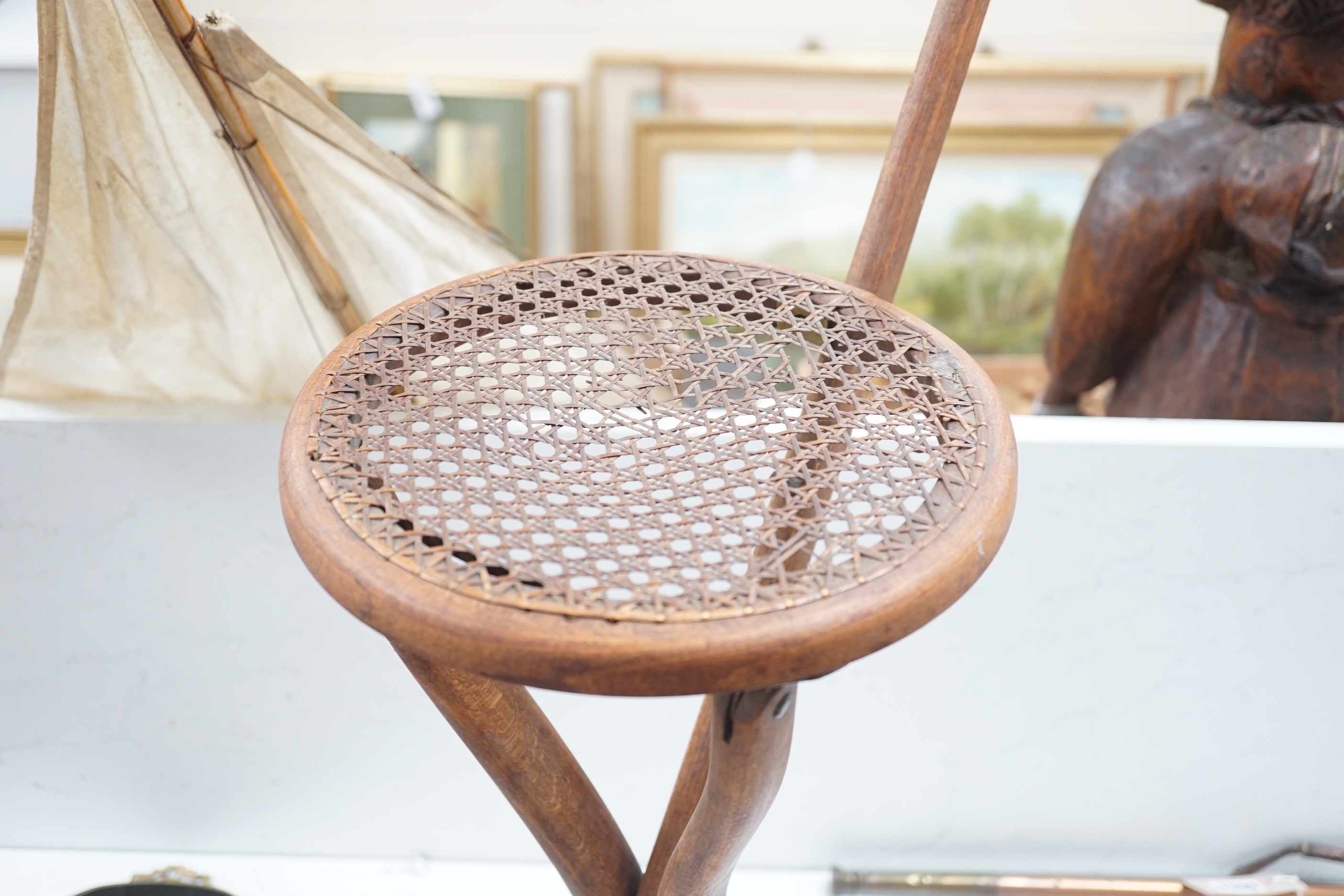 A Victorian oak rope-twist barometer, bellows, a stool and a shooting stick, largest shooting stick, 76cm high